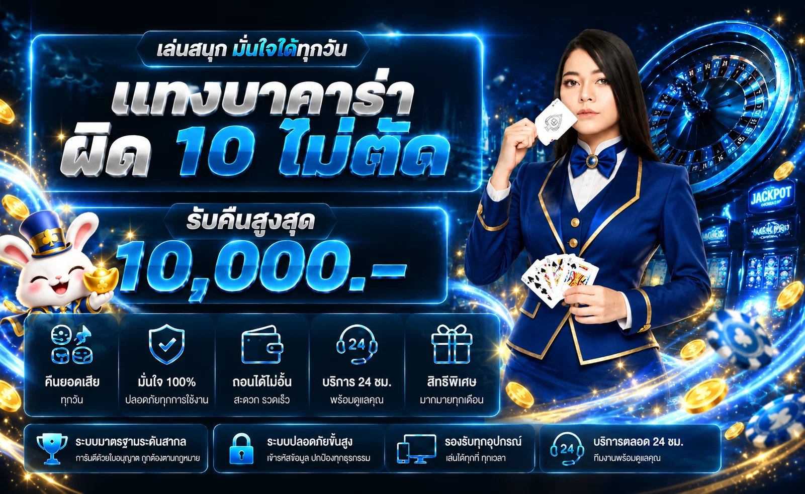 ภาพเกมคาสิโนและโปรโมชั่น MAC1BET โทนน้ำเงินทอง