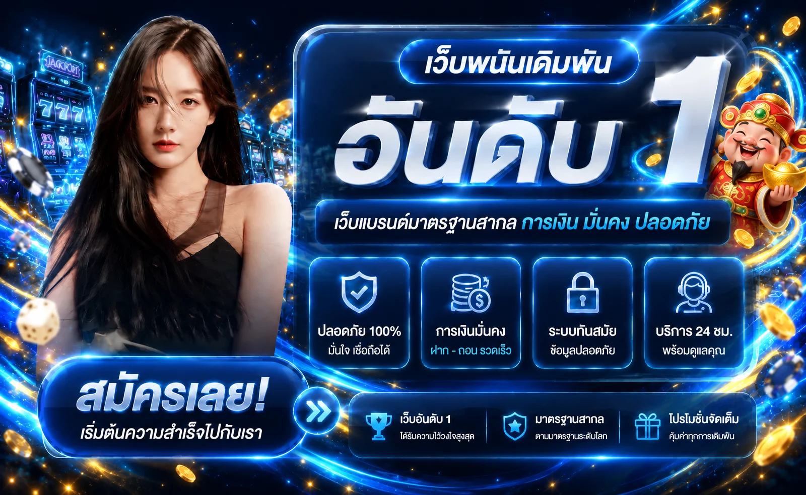 ภาพแนะนำ MAC1BET โทนน้ำเงินทองพร้อมตัวละครนำโชค